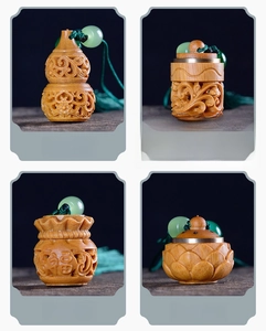 Carved wood sachet charms in gourd, bag, lotus shapes with green tassels and beads
