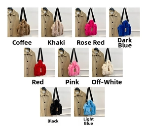 Grid view showcasing nine vibrant colors of plush tote bags with black nylon straps