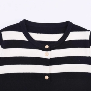 Classic striped knit cardigan for women with round neck and gold anchor buttons