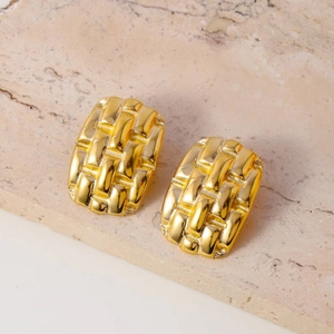 French vintage style golden woven rectangular earrings made of high-quality titanium steel