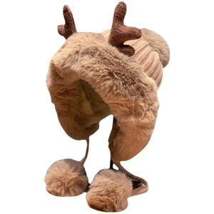 Winter plush trapper hat in khaki with cute reindeer antlers and soft pom-poms