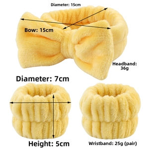 Yellow coral fleece headband and wristband set dimensions with bow detail and soft texture