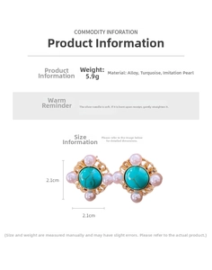 Detailed specs of vintage gold earrings with turquoise, faux pearl, and silver needles