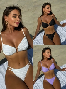 Ruched Smocked Bikini Top And Bottom With Metal Ring Crinkled Polyester Spandex Swimsuit Sexy Solid Beachwear Women