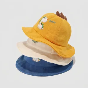 Three-color knitted cotton kids bucket hats with dinosaur embroidery for boys and girls
