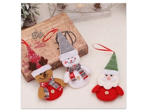Close-up of three Christmas plush ornaments including reindeer, snowman, and Santa Claus