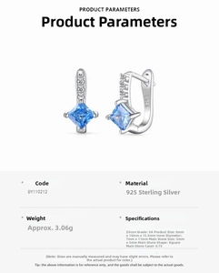 Detail view of 925 sterling silver hoop earrings with 5mm square blue zircon stones