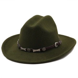 Detail of dark green wool cowboy hat with star-studded brown leather band