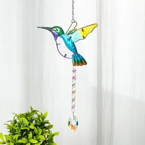 Coloured hummingbird suncatcher with crystal prism pendant for home and garden decoration