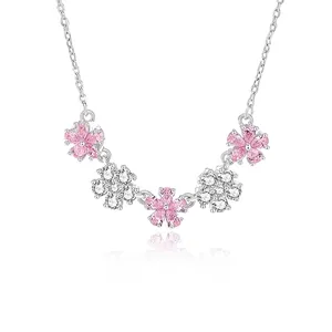 925 Sterling Silver Peach Blossom Necklace For Women Pink White Zirconia Inlaid Sweet Elegant Flower Clavicle Chain Jewelry