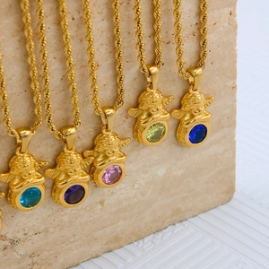 Vintage stainless steel angel pendant necklace with five colorful birthstone crystals