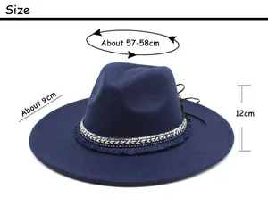 Size chart showing 9cm brim and 57-58cm circumference for navy blue felt fedora