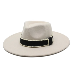 Elegant beige wide brim wool fedora with pearl-studded black ribbon detail