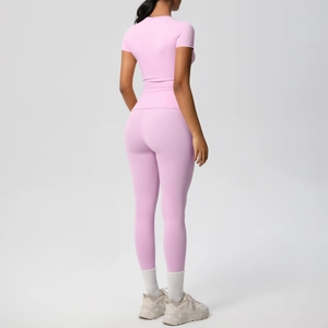 Rear view of high-elastic pink yoga set with tight-fit short sleeve T-shirt and leggings