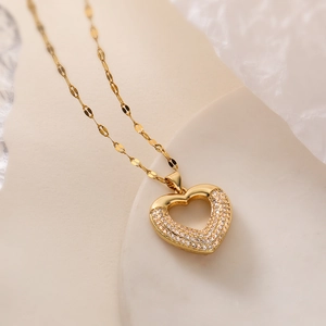 18K gold-plated heart pendant necklace featuring sparkling white zircon pave on link chain