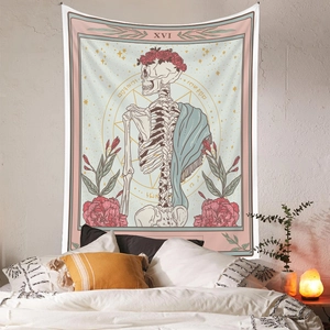 Detail of tarot skeleton tapestry with floral wreath on a cozy bedroom background wall