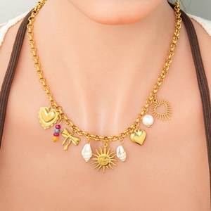 Charm Necklace Stainless Steel 18K Gold Plated Heart Sun Shell Artificial Pearl Colorful Beads Bohemian Style For Women