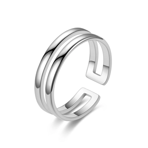 Detail view of double-layer open adjustable silver stainless steel ring for men