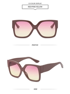 Detalle de gafas de sol cuadradas grandes con montura café y cristales degradados rosas