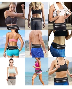 Collage of black running belt with reflective strip shown in various outdoor sport scenes
