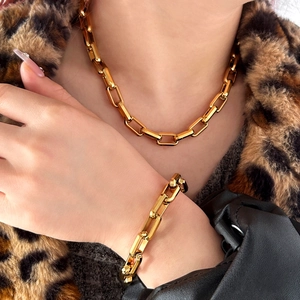 Necklace And Bracelet Stainless Steel Gold Plated Thick Chain Hip Hop Rectangular Geometric Minimalist Jewelry For Women