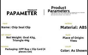 Detailed product parameters of 4pcs creative snack clips showing weight and ABS material