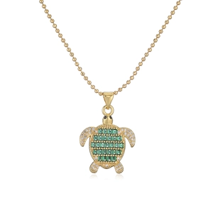 Exquisite 18K gold plated turtle pendant necklace featuring green cubic zirconia and bead chain