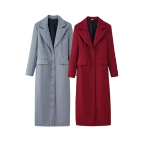 Women's lapel long wool coat in grey and burgundy colors with multi-button design