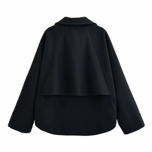 Rear view of black wool-blend short jacket with minimalist cut and premium fabric texture
