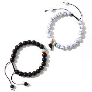 Bracelets de couple cœur magnétique avec perles noires mates et marbre sur cordons
