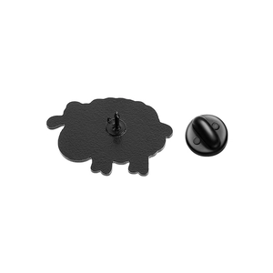 Detailed back view of a cute black sheep enamel pin with its secure black rubber clutch