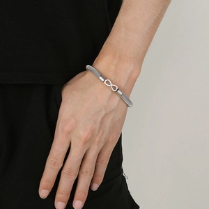 Silver stainless steel mesh cuff bracelet with infinity symbol charm for men
