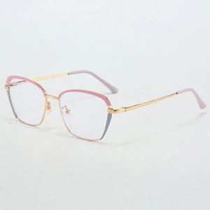 Cat eye metal glasses frames in gold and pink with multi-color anti-blue light lenses
