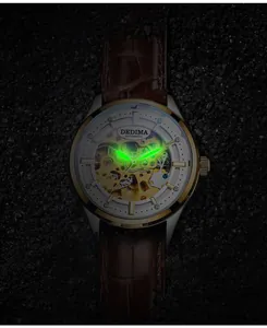 Luminous green hands on skeleton automatic mechanical watch with brown leather strap