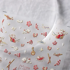 3D embossed Chinese style nail stickers featuring cherry blossoms and Dunhuang motifs