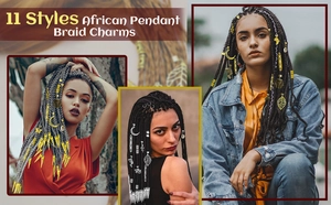 Close-up of 11 styles of golden and silver African braid charms on diverse hairstyles