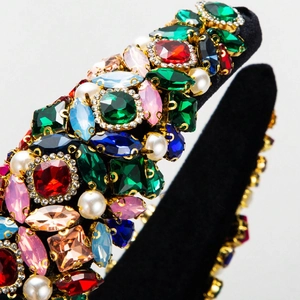 Baroque padded headband with colorful rhinestones and pearls on black velvet fabric