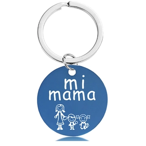 Detail of blue metal keychain with mi mama engraving and mother-children illustration