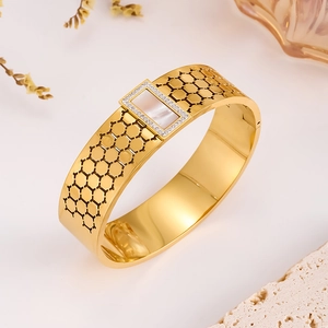 Vintage honeycomb gold plated bangle with rectangle shell inlay and sparkling diamonds