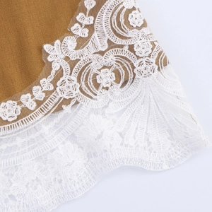 Elegant brown long sleeve top with intricate white floral lace trim on the neckline