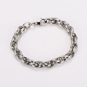 7.5mm silver twisted rope chain bracelet with lobster clasp in polished stainless steel