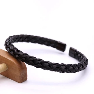 Minimalist black braided stainless steel wire bracelet with magnetic metal clasp
