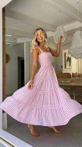Détail de la robe d'été rayée rose montrant le bustier smocké et la jupe à volants