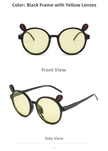 Vues de face et de profil de lunettes de soleil pour enfants avec oreilles de lapin et verres jaunes
