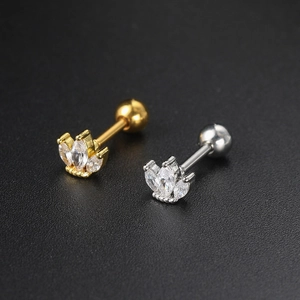 Detailed close-up of crown-shaped marquise zircon stud earrings in gold and silver finish