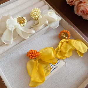 Detailed view of handmade chiffon floral clip-on earrings with elegant beaded accents