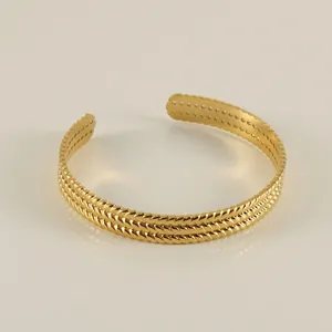 Bracelet Manchette Plaque Or 18K Acier Inoxydable Tresse Ouvert Reglable Retro Forme C Bijoux Femmes