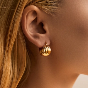 Chic 18K gold plated brass hoop earrings with elegant vertical ribbing for women