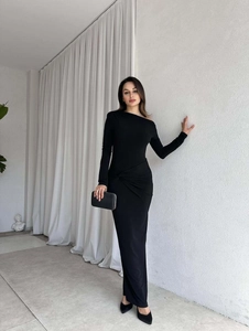 Elegant black one-shoulder long sleeve bodycon dress with waist knot detail