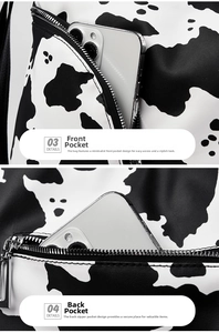 Detail of cow print bag featuring front slip pocket and rear anti-theft zipper compartment
